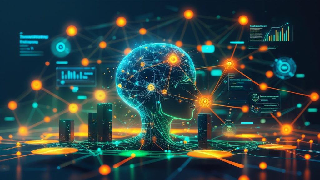 Bir veri akışının analiz edildiği bir grafik arayüzü ve yanında bir robot kolunun bir ürünü incelediği bir görsel, YZ'nın veri analizi ve otomasyon yeteneklerini vurguluyor.