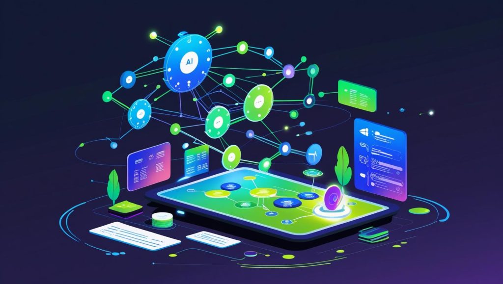 Bir müşteri hizmetleri temsilcisi kulaklıklı bir şekilde gülümsüyor ve yanında bir sohbet robotu (chatbot) ikonu beliriyor, YZ destekli müşteri hizmetlerini simgeliyor.