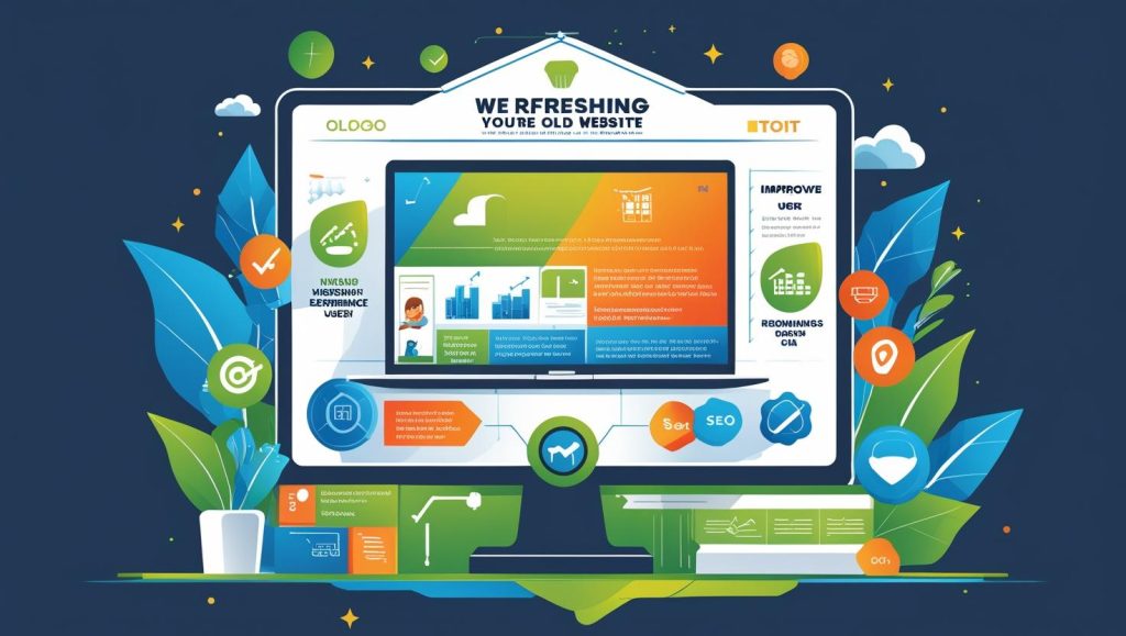 Bir büyüteç altında SEO anahtar kelimeleri, mobil cihaz ikonları ve sosyal medya logoları gibi dijital pazarlama öğeleri, web sitesi yenilemesinin pazarlama entegrasyonunu simgeliyor.