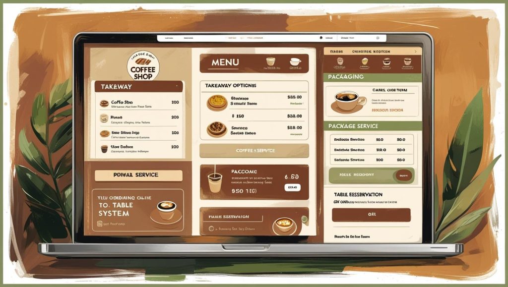 Bir kahve dükkanının şık iç mekanında boş bir masanın üzerinde "Rezerve" kartı duruyor ve tablet ekranında online masa rezervasyon sistemi açık.